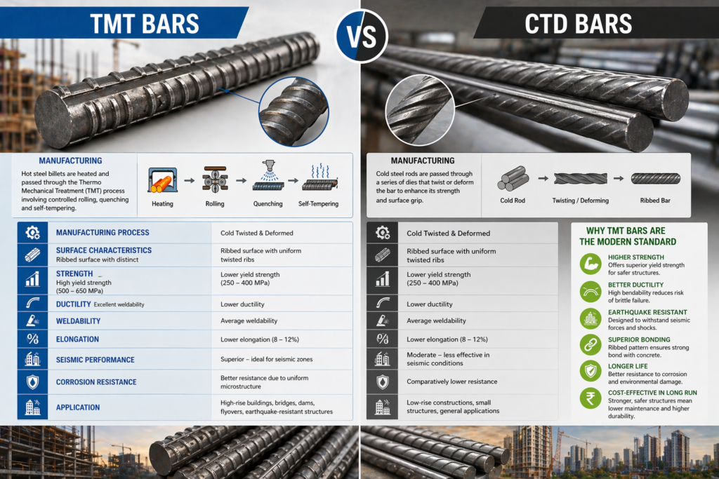 TMT Bars vs CTD Bars: Understanding Modern Rebar Technology